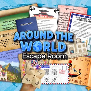 以下が含まれることがあります： 「Around the World Escape Room」ゲームのプロモーション用グラフィック。パスポート、情報カード、フォーチュンテラー、地図の背景が含まれています。タイトルは大きな青色の3D文字で表示されています。