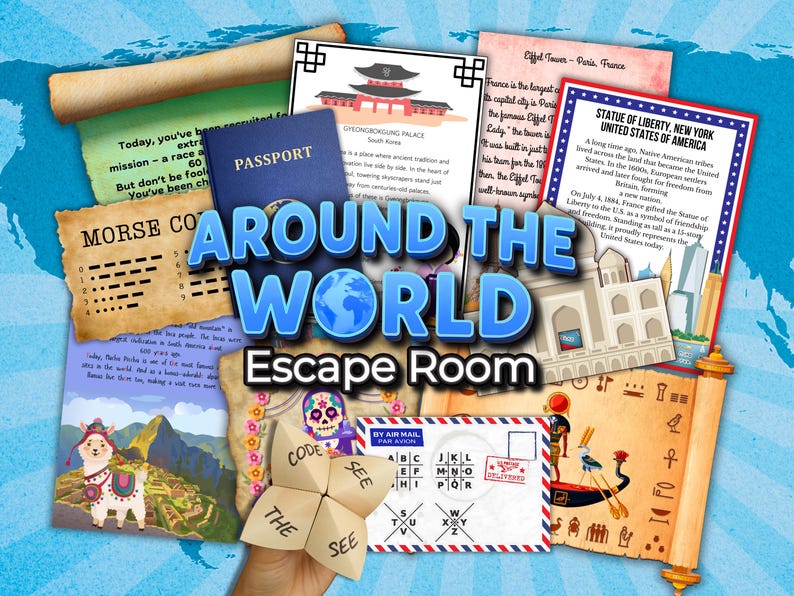 May include: A colorful graphic for an "Around the World Escape Room" game. The design includes a passport, various informational cards, a fortune teller, and a map background. The title is in large, blue, 3D letters.
