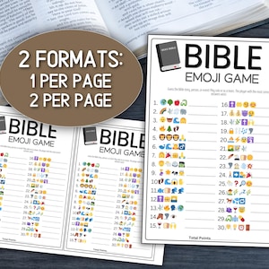 Op de afbeelding: Twee Bible Emoji Game-afdrukken met verschillende formaten. E&eacute;n spelblad heeft 30 emoji-gebaseerde vragen. Het andere blad heeft hetzelfde spel, maar met twee spellen per pagina. Het spel is ontworpen om Bijbelverhalen te raden.
