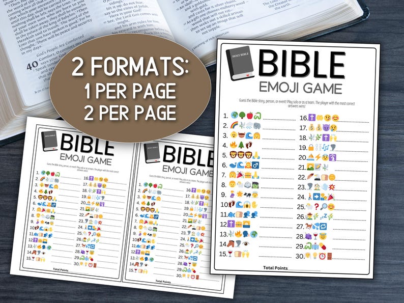 Op de afbeelding: Twee Bible Emoji Game-afdrukken met verschillende formaten. E&eacute;n spelblad heeft 30 emoji-gebaseerde vragen. Het andere blad heeft hetzelfde spel, maar met twee spellen per pagina. Het spel is ontworpen om Bijbelverhalen te raden.