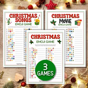 May include: Three Christmas-themed emoji game sheets with red and green borders. The games are titled "Christmas Songs," "Christmas Movie," and "Christmas Emoji Game." A green circle in the center reads "3 Games."