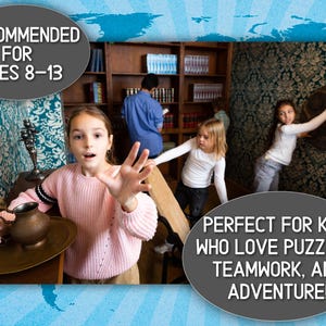 May include: A group of children in a room with a vintage aesthetic. The image includes text that reads "RECOMMENDED FOR AGES 8-13" and "PERFECT FOR KIDS WHO LOVE PUZZLES, TEAMWORK, AND ADVENTURE!"