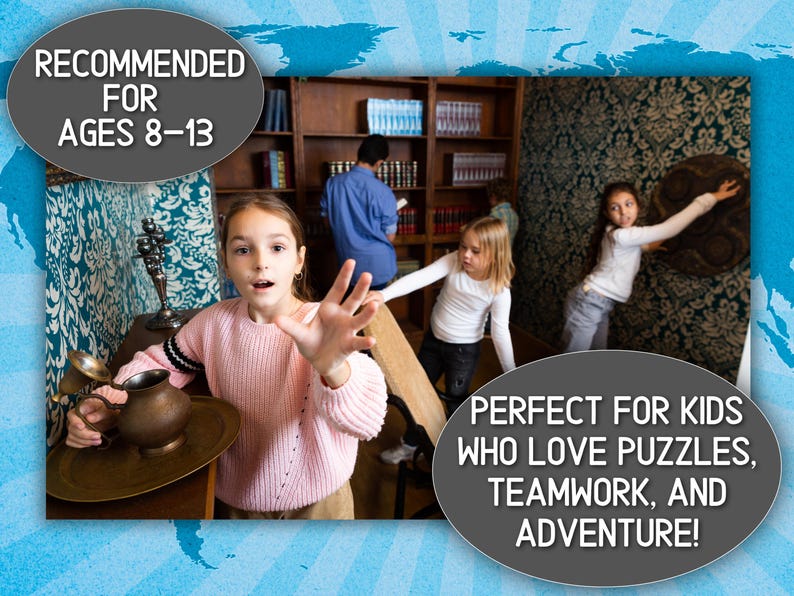 May include: A group of children in a room with a vintage aesthetic. The image includes text that reads "RECOMMENDED FOR AGES 8-13" and "PERFECT FOR KIDS WHO LOVE PUZZLES, TEAMWORK, AND ADVENTURE!"