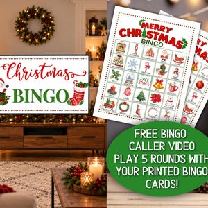 May include: A Christmas Bingo game set featuring a digital display showing the text Christmas BINGO with a Santa graphic and a stocking, alongside printed game cards with festive icons and the text MERRY CHRISTMAS BINGO and FREE BINGO CALLER VIDEO.