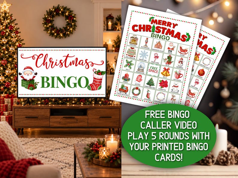 May include: A Christmas Bingo game set featuring a digital display showing the text Christmas BINGO with a Santa graphic and a stocking, alongside printed game cards with festive icons and the text MERRY CHRISTMAS BINGO and FREE BINGO CALLER VIDEO.