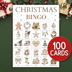 Puede incluir: Una tarjeta de juego de Bingo navideño con ilustraciones festivas, que incluyen un hombre de jengibre, una corona y un árbol de Navidad. La tarjeta presenta el texto "CHRISTMAS BINGO" y un círculo rojo que dice "100 CARTAS".