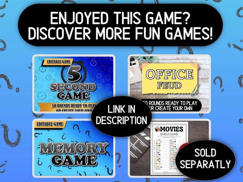 Puede incluir: La imagen presenta cuatro opciones de juegos: "5 Second Game", "Office Feud", "Memory Game" y "Movies Emoji Game". Cada juego se presenta en una tarjeta con un dise&ntilde;o &uacute;nico. El texto "Enjoyed this game? Discover more fun games!" est&aacute; en la parte superior.