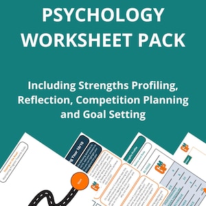 May include: A worksheet pack for sports psychology with a green background. The pack includes worksheets for strengths profiling, reflection, competition planning, and goal setting. The worksheets feature a road map with a start and finish line, a 10/10 rating scale, and a strengths profile chart.