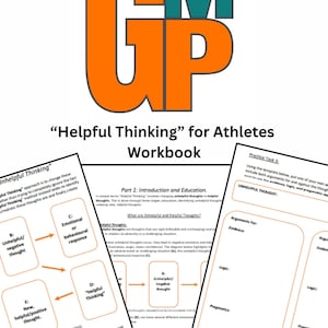 May include: A workbook for athletes titled "Helpful Thinking" for Athletes Workbook. The workbook includes a diagram of the "Helpful Thinking" process, which involves identifying unhelpful thoughts, disputing them, and creating new, helpful thoughts. The workbook also includes a practice task where athletes can identify unhelpful thoughts and provide arguments for and against them.