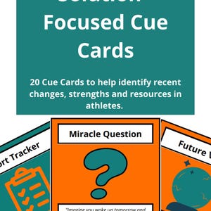 Puede incluir: Un juego de tarjetas de indicaciones centradas en soluciones para atletas. El encabezado turquesa dice "Solution - Focused Cue Cards". Las tarjetas son naranjas y blancas con preguntas como "Miracle Question".