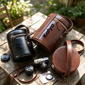May include: A black cylindrical bag with the name Rosie, a brown cylindrical bag with the name Katya, and a plain brown cylindrical bag. Each bag features a top handle, a zipper closure, and a shoulder strap. A camera with a lens and a lens cap are included.