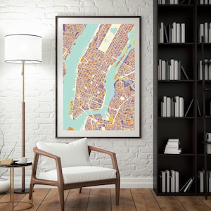 Impression de carte de la ville de New York, affiche couleur NYC, art mural moderne, décoration d'intérieur urbaine, cadeau pour les voyageurs et les amateurs de cartes