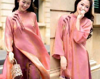 Pre-made,  Ao Dai Viet Nam, ao dai hong nghi silk dress for women, traditional vietnamese dress for lunar new year and festivals with pants