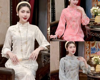 Pre-made Ao Dai Viet Nam, buddhist temple outfit set, soft korean silk ceremonial clothing, pagoda attire for girl woman meditation chanting