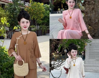 Pre-made Ao Dai Viet Nam - Buddhist Temple Wear – Women's Temple Outfit – 'Truc Xinh' Silk-Cotton Set with Traditional Knotted Buttons