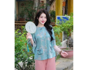 Pre-made Ao Dai Viet Nam - Silk Brocade Dragon Buddhist Robe Set – Women’s Temple Wear – Elegant Lam Outfit for Pagoda Visits
