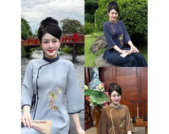 Pre-made Ao Dai Viet Nam - Women's Buddhist Temple Outfit – Women's Temple Robe Set – Soft Cross-Hem Design with Lotus Embroidery