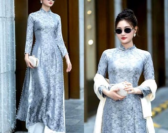 Ao Dai Viet Nam, vestido vietnamita de brocado gris de lujo para mujer, prefabricado, ideal para el Año Nuevo Lunar con pantalones.