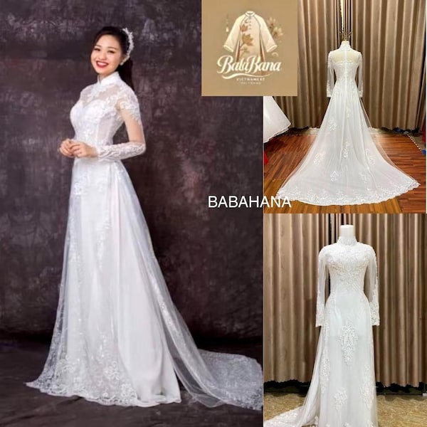 White  Wedding Ao Dai with Pants –Traditional Vietnamese Bridal Dress for Women –Pre-Made Formal Ceremony Outfit, áo dài cô dâu đính kết M03