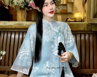 Pre-made Ao Dai Viet Nam - Women's Temple Outfit | Silk Brocade Buddhist Attire | Floral Pattern Meditation Clothing Set for Pagoda Visits