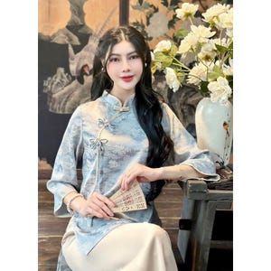 Pre-made Ao Dai Viet Nam - Đồ Lam Đi Chùa Nữ – Bộ Cánh Tiên Cài Hoa, Chất Vôn Sốp Dịu Mát, Trang Phục Phật Tử Dự Lễ