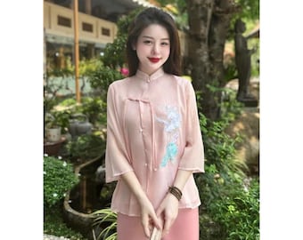 Pre-made Ao Dai Viet Nam - Women's Temple Attire – Elegant Silk Set with Crane & Chrysanthemum Embroidery, Traditional Chinese-Style Design