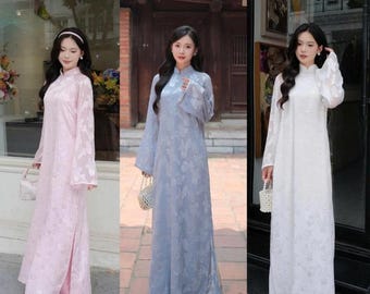 Vietnamese Ao Dai Straight Fit, Embroidered Fabric with Silk Lining, Long Dress , Pre-made  Ao Dai Viet Nam for women lunar new year holiday