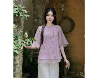 Pre-made Ao Dai Viet Nam, women’s temple outfit set, short sleeve chiffon top with round neck, wide leg silk pants, soft design for
