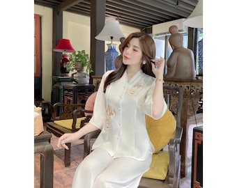 Pre-made Ao Dai Viet Nam - Buddhist Temple Wear – Women's Buddhist Temple Outfit– Premium Silk Robe with V-Neck Fabric Buttons An Embroidery