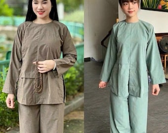 Pre-made Ao Dai Viet Nam, women’s temple outfit set – van ho knot style buddhist attire, lightweight xô fabric modest meditation clothing