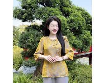 Pre-made Ao Dai Viet Nam, new peacock silk temple outfit set, buddhist ceremony clothing, half-sleeve traditional temple wear for women