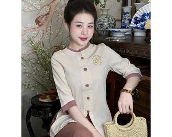 Pre-made Ao Dai Viet Nam, women’s temple outfit set, plain cotton buddhist ceremony outfit, round neck button, temple attire clothing