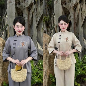 Pre-made Ao Dai Viet Nam - Buddhist Layperson Outfit – Traditional Temple Wear, Phuc Tam Buttoned Cotton-Linen Set