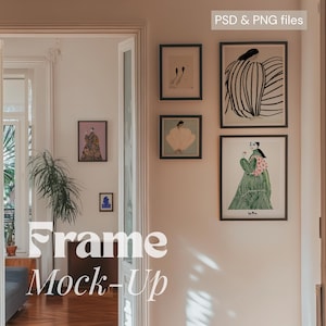Può includere: Un muro con stampe artistiche incorniciate. Le stampe presentano figure e illustrazioni astratte in vari stili. Il testo "PSD & PNG files" è in alto a destra. Il testo "Frame Mock-Up" è in basso a sinistra.