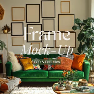May include: A green velvet sofa with pillows and a coffee table in front of a wall with multiple empty picture frames. The text "Frame Mock-Up PSD & PNG files" is displayed on the sofa.