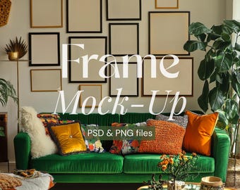 Multi-frame interior mockup | Gallery wall | Vintage presentation for art print & poster | PSD smart object + PNG | Retro mockup template