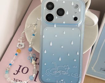 Rain Cat Blue iPhone Case with Charm, Kawaii Y2K Cute Aesthetic Cover for iPhone 17 16 15 14 13 Pro Max, Gift for Her Present Idea