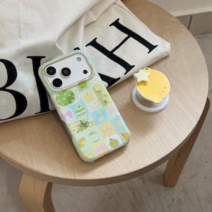 Lemon Patchwork Green Phone Case with Grip, Kawaii Y2K Cute Coquette Aesthetic Cover for iPhone 17 16 15 14 13 Pro Max, Gift for Her