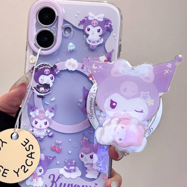 Étui mauve Kuromi MagSafe avec poignée et breloque, housse anime mignonne pour iPhone 17 16 15 14 Pro Max, cadeau esthétique lavande kawaii pour elle
