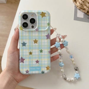 Plaid Star Blue iPhone Case with Charm, Kawaii Y2K Cute Aesthetic Cover for iPhone 17 16 15 Pro Max, Gift for Her & Bestie