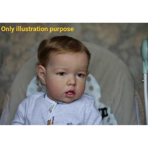 Puede incluir: Primer plano de una mu&ntilde;eca beb&eacute; realista con cabello casta&ntilde;o claro, ojos azules y tez clara. La mu&ntilde;eca lleva una camisa blanca con un estampado de dibujos animados.