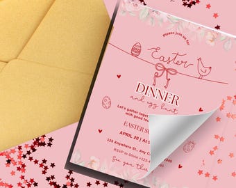 Invitación a la cena de Pascua y búsqueda de huevos: descarga digital floral rosa, invitación editable para fiesta de Pascua