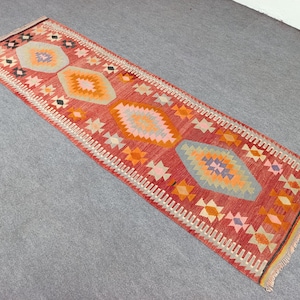 3x9.8 ft Vintage Turkish Runner Rug – Handwoven Anatolian Hallway Carpet – Long Boho Wool Kilim – Rustic Narrow Entryway Rug