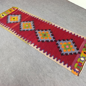 Turkish Vintage Runner Rug 3.3x9.9 ft – Handmade Wool Hall Rug – Unique Bohemian Kilim – Long Narrow Anatolian Corridor Carpet