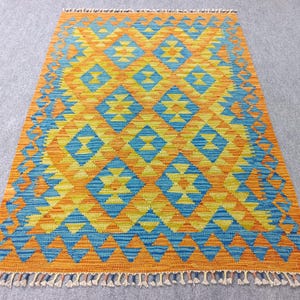 Handwoven Afghan Wool Rug: Vintage Tribal Kilim, Boho Home Decor