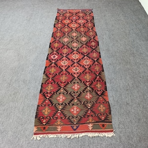 3.1x10.5 ft Handwoven Turkish Kilim Rug – Vintage Anatolian Runner – Boho Wool Carpet for Hallway or Living Room