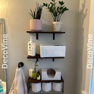 Set of 3 Wooden Bathroom Shelves with Wire Basket | Floating Shelves | Over Toilet Storage | Bathroom Storage | Bathroom Organizer