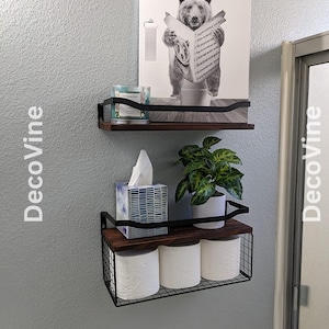 Set of 2 Wood Bathroom Shelves With Wire Storage | Floating Shelves | Wall Shelves | Toilet Paper Holder | Over Toilet Storage
