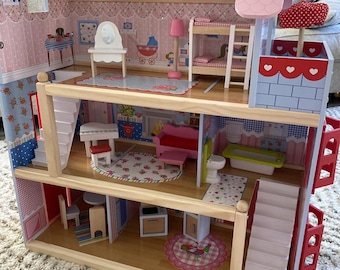 Wooden Dollhouse With 16 Accessories | Doll Cottage | Wooden Toy | Handmade Dollhouse | Girls Dollhouse | Birthday Gift