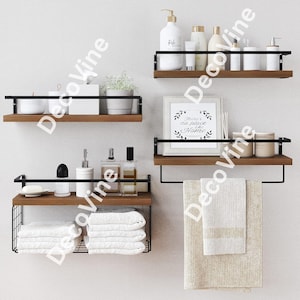 4+1 Tier Wood Bathroom Shelves With Wire Storage Basket | Floating Shelves | Bathroom Storage | Over Toilet Storage | Wall Shelves